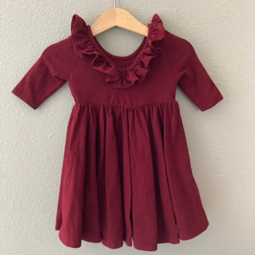 Remie Girl Ruffle Ballet Twirl Dress - Red Maroon Burgundy - 18-24M